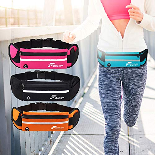 Fortitude Sports Running Belt With Phone Holder | Running Waist Pack for Phones, Headphones and Water Bottle | Waterproof Running Belt For Women and Men (Black)