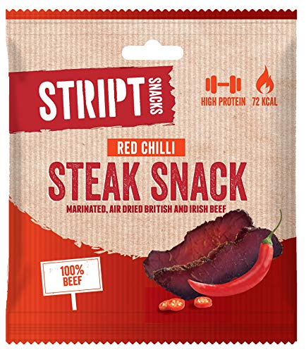 Stript Snacks Beef Biltong - Red Chilli - 10x25g - Beef Jerky, High Protein, Healthy Snack, Low in kcals.