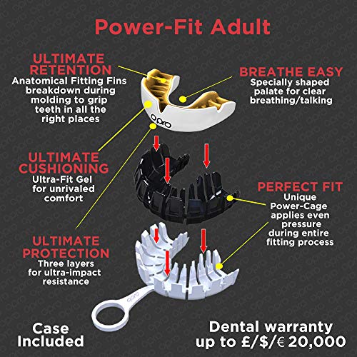 Opro Power-Fit Mouthguard | Gum Shields For GAA, Rugby, Hockey, BJJ, Boxing, and Other Combat Sports - 18 Month Extended Dental Warranty (Adult, White/Gold Teeth)