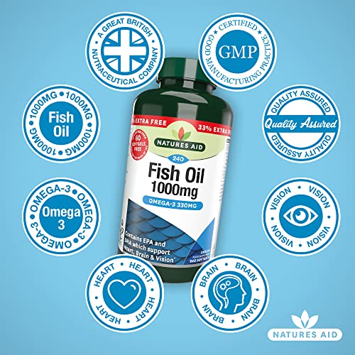 Natures Aid Fish Oil 1000mg | Omega 3 (180mg Epa & 120mg Dha) | Made In The Uk, 240 Softgels For The Price of 180, 240 Capsules