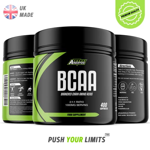 BCAA Amino Acid Support 400 Capsules - 500mg BCAA Tablets 1000mg Per Serving - 2:1:1 Ratio of L Leucine, L Isoleucine & L Valine - Made in The UK - Suitable for Both Men & Women - Gym Store | Gym Equipment | Home Gym Equipment | Gym Clothing