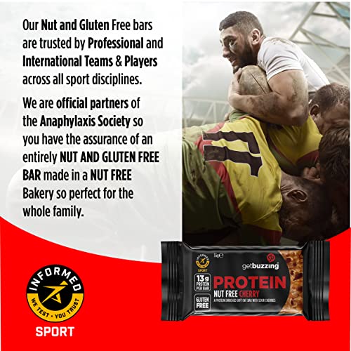 Getbuzzing High Protein Nut Free Flapjack - Cherry 55g - Healthy Snack Bars - Gym, Running, Cycling - Pure Protein Made in The UK - Pack of 12 Bars - Gym Store