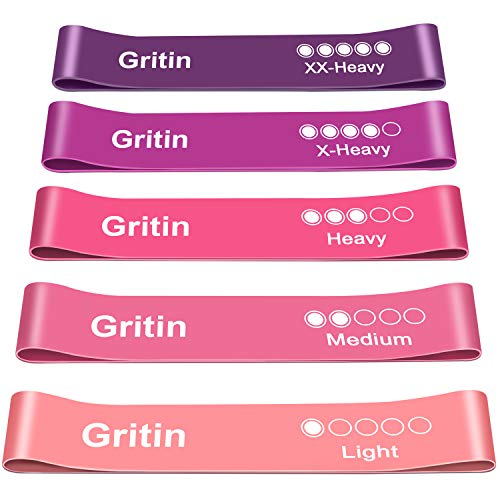 Gritin Resistance Bands, [Set of 5] Skin-Friendly Resistance Fitness Exercise Loop Bands with Free Carrying Case- 5 Different Levels of Resistance for Yoga, Pilates, Physiotherapy