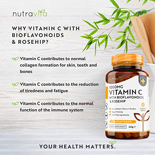 Vitamin C 1000mg – 180 Premium Vegan & Vegetarian Tablets – 6 Month Supply – High Strength Ascorbic Acid – with Added Bioflavonoids & Rosehip – for Normal Immune System – Made in The UK by Nutravita