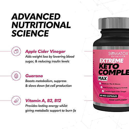 New Extreme Keto Complex Max – Advanced Ketogenic Formula for Weight Loss Fat Burner Diet Pills | with Apple Cider Vinegar, MCT & Vitamin B12 – 30 Day Vegan Capsules – Made UK GMP Certified