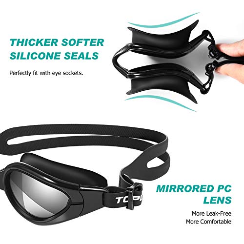 TOPLUS Swimming Goggles, No Leaking Anti Fog UV Protection Swim Goggles Soft Silicone Nose Bridge for Men, Women, Junior, Kids (Black)