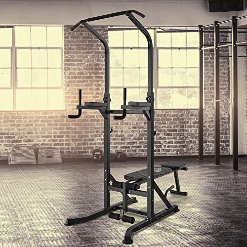 HOMCOM Multifunction Power Tower w/Bench Home Workout Dip Station Push-up Bars Fitness Equipment Office Gym Training