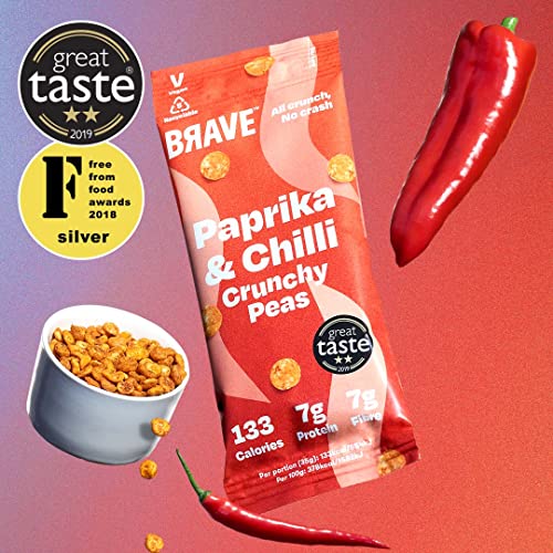 BRAVE Roasted Peas: Paprika & Chilli - Delicious Healthy Snacks - Vegan - High in Plant Protein & Fibre - Low Calorie - Plant-Based - Box of 12 Packs (35g Each)