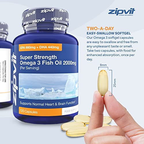 Omega 3 Fish Oil 2000mg, EPA 660mg DHA 440mg per Daily Serving. 120 Capsules (2 Months Supply). Supports Heart, Brain Function and Eye Health. 2 Capsules Per Serving