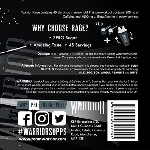 Warrior, Rage - Extreme Pre-Workout Powder - 392g - Energy Drink Supplement with Vitamin C, Beta Alanine and Creatine Gluconate - 45 Servings (Blazin' Blue Raz)