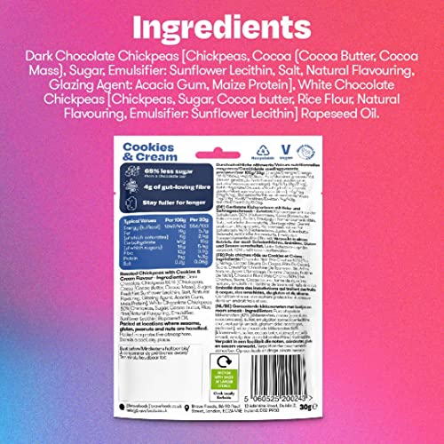 BRAVE Roasted Chickpeas: Cookies & Cream - Delicious Healthy Snacks - Vegan, Dairy-Free - Source of Plant Protein & Fibre - Lower Sugar - Plant-Based - Box of 12 Packs (30g Each)