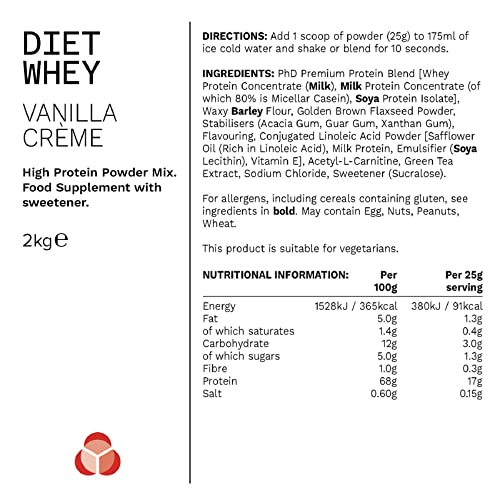 PhD Nutrition Diet Whey High Protein Lean Matrix, Vanilla Crème Diet Whey Protein Powder, High Protein, 80 Servings Per 2 kg Bag
