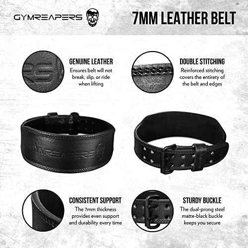 Gymreapers Weight Lifting Belt - 7MM Heavy Duty Pro Leather Belt with Adjustable Buckle - Stabilizing Lower Back Support 4 Inches Wide for Weightlifting, Bodybuilding, Cross Training (Black, Medium)