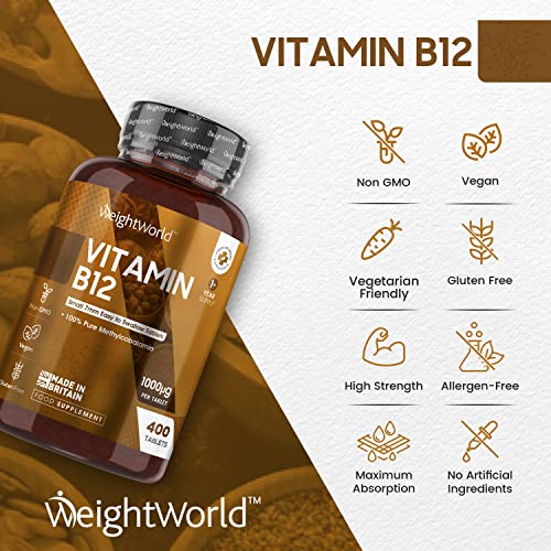Vitamin B12 Tablets High Strength – 1000mcg Vegan B12 Supplement - 400 Pure Methylcobalamin Tablets (1+ Year Supply) - Tiredness and Fatigue Tablets – Immunity Supplements - GMP Approved – Made in UK - Gym Store