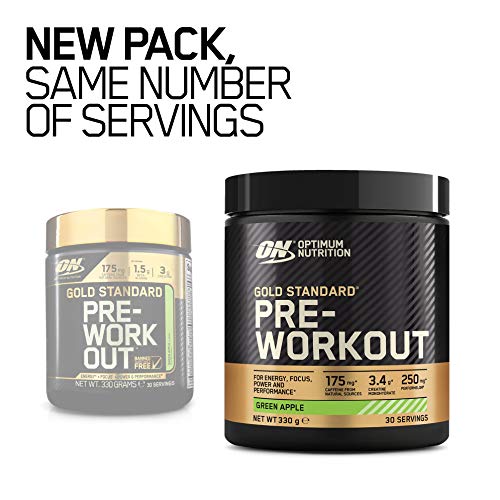 Optimum Nutrition Gold Standard Pre Workout Powder, Energy Drink with Creatine Monohydrate, Beta Alanine, Caffeine and Vitamin B Complex, Green Apple, 30 Servings, 330 g, Packaging May Vary