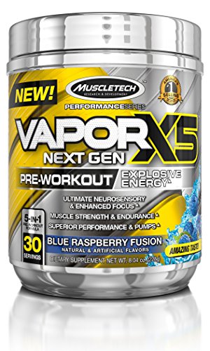 Pre Workout Powder, MuscleTech Vapor X5 Next Gen Pre-Workout Supplement, Preworkout Powder for Men & Women, Creatine for Muscle Builder, Yohimbe-free, Energy Drink, Blue Raspberry (30 Servings)