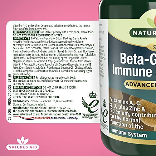 Natures Aid Beta-Glucans Immune Support + 90 Tablets (Award-winning Formula, with Beta Glucans (1,3/1,6), Elderberry, Vitamin D3 and Odour-controlled Garlic, Vegan Society Approved, Made in the UK)