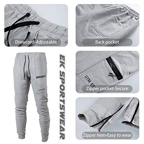 EK Mens Sidelock Tracksuit Bottoms Gym Joggers Trousers Skinny Jogging Pants Zipper Pockets (Medium, Grey)