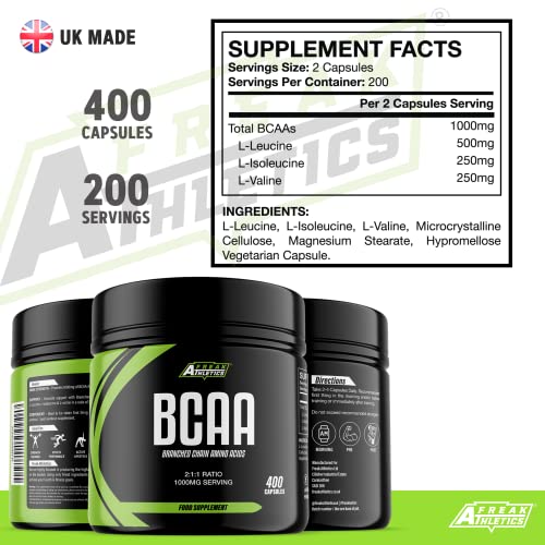 BCAA Amino Acid Support 400 Capsules - 500mg BCAA Tablets 1000mg Per Serving - 2:1:1 Ratio of L Leucine, L Isoleucine & L Valine - Made in The UK - Suitable for Both Men & Women