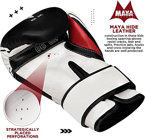 RDX Kids Boxing Gloves, 6oz 4oz Junior Training Mitts, Maya Hide Leather Ventilated Palm, Muay Thai Sparring MMA Kickboxing, Punch Bag Speed Ball Focus Pads Punching Workout, Youth Games Fun (Black, 6 oz)