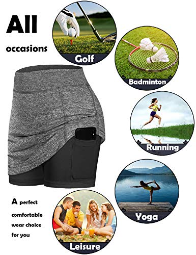 BLEVONH Women Tennis Skirts Inner Shorts Elastic Sports Golf Skorts with Pockets - grey - Small
