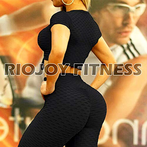 RIOJOY Yoga Gym Crop Tops Women Short Sleeve Front Tie Bubble Textured Workout Shirts Sportswear, Black, XL