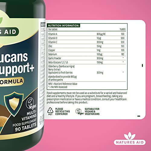 Natures Aid Beta-Glucans Immune Support + 90 Tablets (Award-winning Formula, with Beta Glucans (1,3/1,6), Elderberry, Vitamin D3 and Odour-controlled Garlic, Vegan Society Approved, Made in the UK)