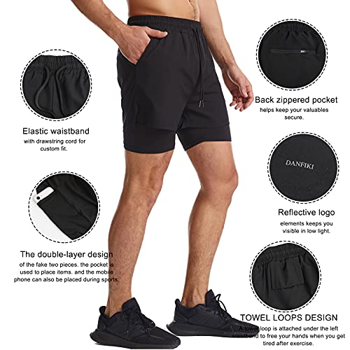 Danfiki Running Shorts Men with Phone Pocket 2 in 1 Gym Training Shorts Lightweight Quick Drying Black