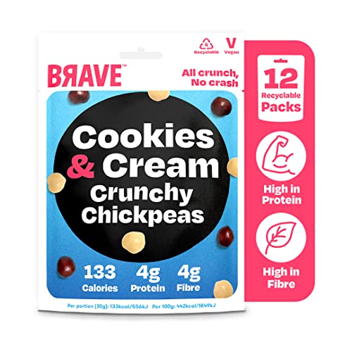 BRAVE Roasted Chickpeas: Cookies & Cream - Delicious Healthy Snacks - Vegan, Dairy-Free - Source of Plant Protein & Fibre - Lower Sugar - Plant-Based - Box of 12 Packs (30g Each)