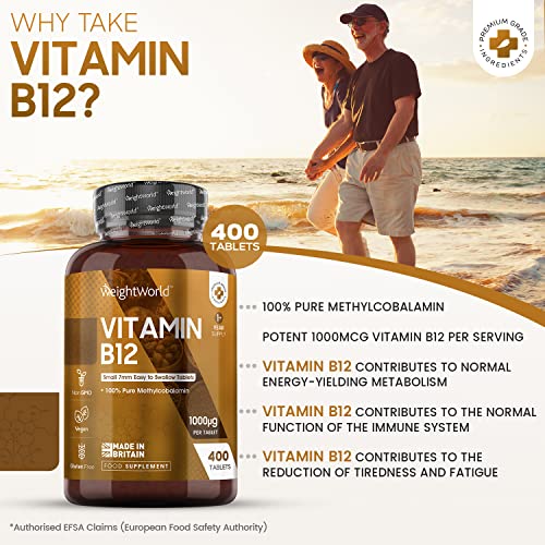 Vitamin B12 Tablets High Strength – 1000mcg Vegan B12 Supplement - 400 Pure Methylcobalamin Tablets (1+ Year Supply) - Tiredness and Fatigue Tablets – Immunity Supplements - GMP Approved – Made in UK