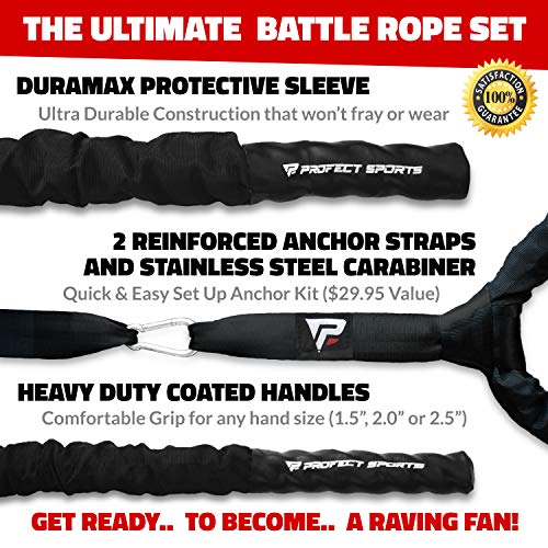 Pro Battle Ropes with Anchor Strap Kit and Exercise Poster – Upgraded Durable Protective Sleeve – 100% Poly Dacron Heavy Battle Rope for Strength Training, Cardio Fitness, CrossFit Rope (1.5” x 30 ft)