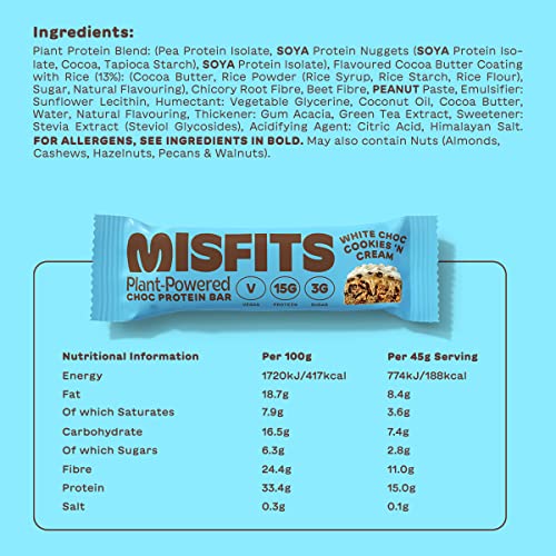 Misfits Vegan Protein Bar, Cookies & Cream, Plant Based Chocolate Protein Bar, High Protein, Low Sugar, Low Carb, Gluten Free, Dairy Free, 12 Pack