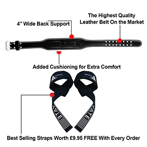 Genuine Leather Weight Lifting Gym Belt Providing Back & Core Support For Peak Performance In Bodybuilding Crossfit Powerlifting Functional Heavy Strongman Strength Training + FREE Straps