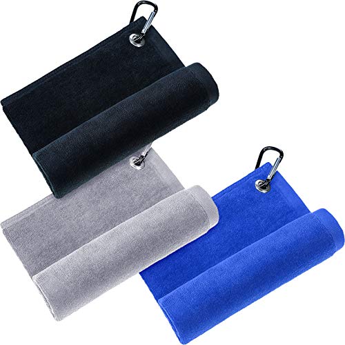 3 Pieces Golf Towel Microfiber Towel with Clip Golf Cleaning Towel for Golfing Camping Fitness Yoga Gym (Black, Gray, Blue)