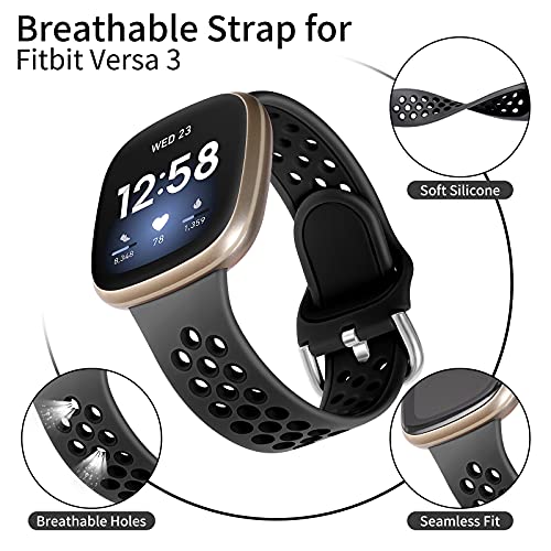 Dirrelo Strap Compatible with Fitbit Versa 3 Strap/Fitbit Sense Strap for Women Men, Soft Silicone Replacement, Sport Wristband with Breathable Holes for Fitbit Versa 3/Fitbit Sense, Large Coal/Black