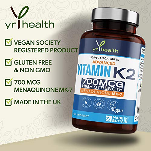 Vitamin K2 MK7 700mcg - High Strength Vitamin K2 Menaquinone - 90 Vegan Society Registered Capsules Not Tablets - Made in The UK by YrHealth