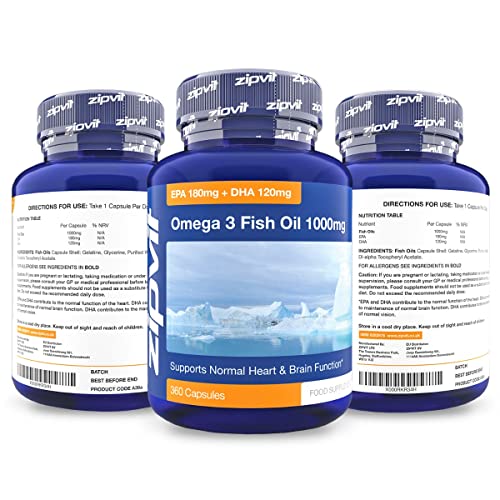 Omega 3 Fish Oil 1000mg, 360 Softgel Capsules. 12 Months Supply. EPA 180mg DHA 120mg. Supports Heart, Brain Function and Eye Health.