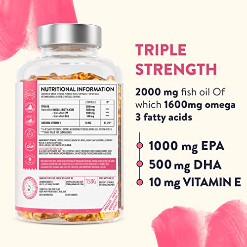 AAVALABS Omega 3 Fish Oil 2000mg per Daily dose (2 softgels) - 1000mg EPA + 500 mg DHA per dose - High Strength Omega 3 Fatty Acids Supplements - Molecularly Distilled - 120 Capsules - 60 Days Supply