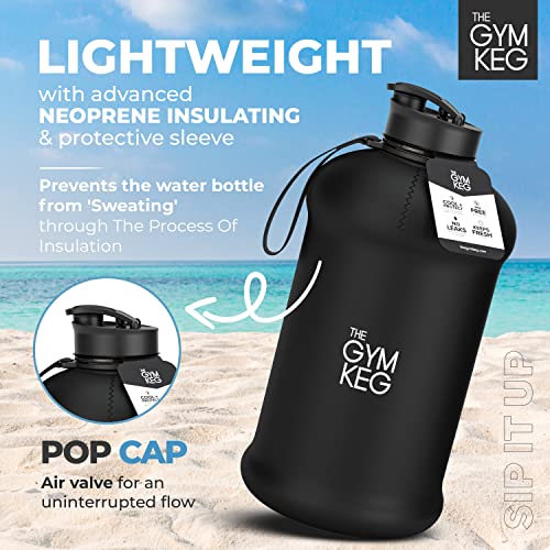 The Gym Keg Official Sports 2L Water Bottle (2.2 L) Insulated Sleeve | Carry Handle | Fitness, Exercise, Large Gym 2 litre Water Bottle | Ecofriendly, BPA Free, 40% Thicker Plastic (Stealth Black)