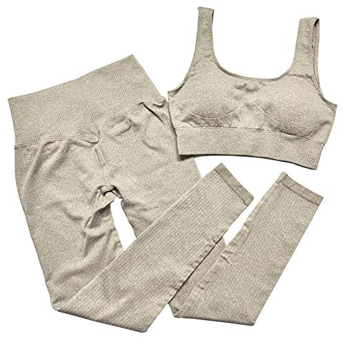 Mayround Seamless Women Yoga Suit 2 Pieces Ribbed | High Waist Leggings Gym Clothes Set | Women’s Sportswear Set (Khaki, Small)