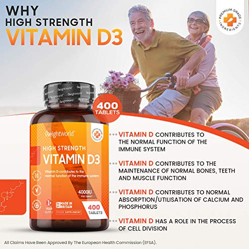 Vitamin D 4000IU High Strength - 400 Tablets (1+ Year Supply), Vitamin D3 Supplement That Contributes to The Normal Function of The Immune System (EFSA), VIT D Made in UK