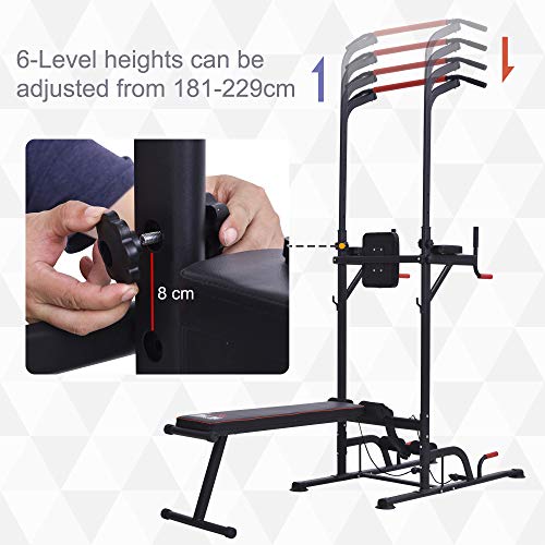 HOMCOM Multifunction Home Workout Power Tower Dip Station w/Sit-up Bench Push-up Bars Tension Ropes Fitness Equipment Office Gym Training