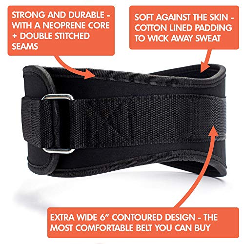 Elite Body Squad Weight Lifting Belt Pro Quality Neoprene Back Support Belt With Speed Fit Fastener And Stainless Steel Hook And Loop Design - 6” Wide Soft Feel Padding