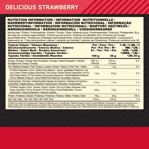 Optimum Nutrition Gold Standard Whey Protein Powder, Delicious Strawberry, 30 Servings, 900g