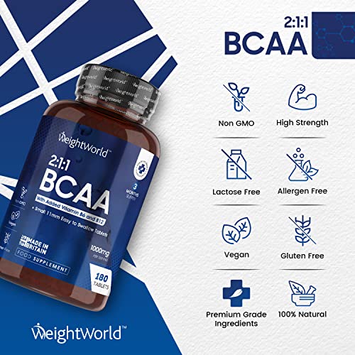 BCAA Tablet 1000mg Per Serving - 180 Protein Tablets (3 Months Supply) - 2:1:1 Branched Chain Amino Acids Tablets with Vitamin B12 & B6 - BCAA Powder Alternative - Pre Workout Supplement for Energy