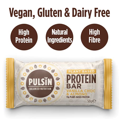 Pulsin - Vanilla Choc Chip Vegan Protein Bars - 18 x 50g - 13.4g Protein, 5g Fibre, 238 Kcal Per Serving - Gluten Free, Plant Based, Palm Oil Free & Dairy Free Snack Bar