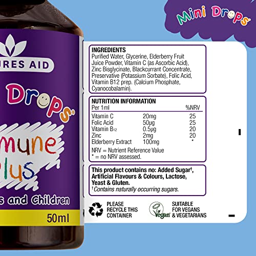 Natures Aid Immune Plus Mini Drops for Infants and Children, No Added Sugar, 50 ml (Pack of 1)