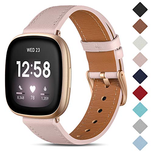 CeMiKa Compatible with Fitbit Versa 3 Strap Leather, Genuine Leather Straps Replacement Bands Compatible with Fitbit Versa 3 / Fitbit Sense, Women Men, Pink Sand