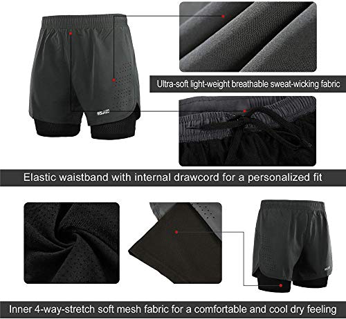 Men's 2 In 1 Shorts Quick Drying Breathable Active Training Exercise Jogging Marathon Cycling Work-Out Shorts with Zipper Side Pockets Longer Liner & Reflective Elements (S,Gray)
