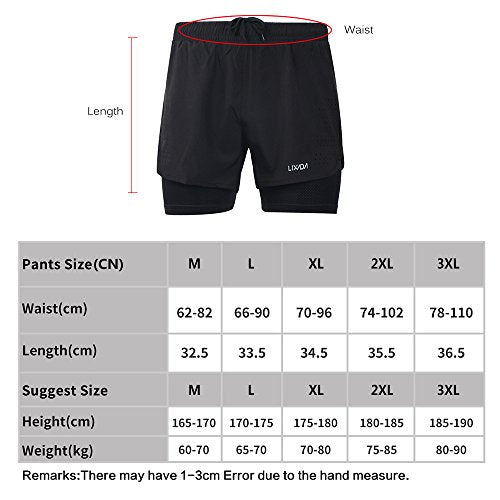 Lixada Mens 2-in-1 Running Shorts Quick Drying Breathable Active Training Exercise Jogging Cycling Shorts with Longer Liner (Black, L)